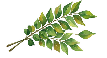 A watercolor illustration of a sprig of curry leaves with a black background showing detail