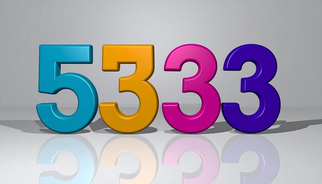 Digitally rendered, brightly colored numbers arranged on a reflective surface against a gradient background. The numbers cast shadows, adding depth