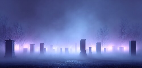 Eerie mist glowing in spooky haunted graveyard