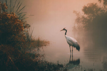 Naklejka premium Wildlife Photography: Crane in Mist-Covered Lake