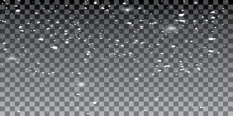 Realistic falling snow with snowflakes and clouds. Vector heavy snowfall, snowflakes in different shapes and forms. Many white cold flake elements on transparent background.