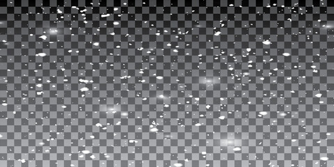 Realistic falling snow with snowflakes and clouds. Vector heavy snowfall, snowflakes in different shapes and forms. Many white cold flake elements on transparent background.