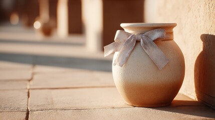 elegant ceramic pot with tied bow, ombre effect, fine details under warm sun.