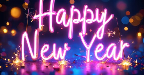 Bright neon sign displays Happy New Year. Sparkling lights create festive, celebratory mood. Dark background enhances vibrant colors.