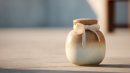 elegant ceramic pot with tied bow, ombre effect, fine details under warm sun.