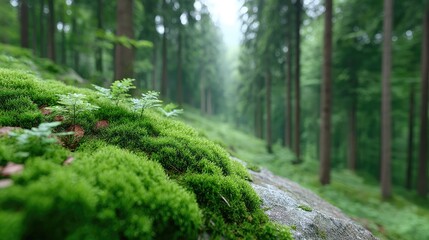 Lush Green Moss Covered Rock in a Dense Forest with Tall Trees and Soft Lighting in Nature Photography