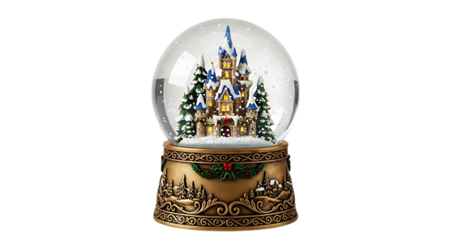 Snow Globe with a Castle and Christmas Decorations