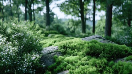 Lush Green Mossy Forest Floor with Sunlight Filtering Through Trees Tranquil Woodland Scene and Natural Beauty Outdoor Environment Detailed View