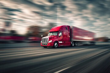 Red semi-truck in motion on city street