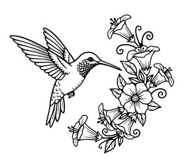 A hummingbird flying towards flowers, nature, floral, insect, spring, garden