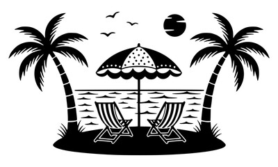 Beach scene with palm trees, umbrella, chairs, and ocean, tropical, vacation, summer, island, relaxation