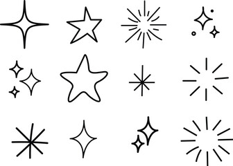 Hand drawn sparkle starburst elements set doodle shine burst icons collection decorative twinkle symbols.