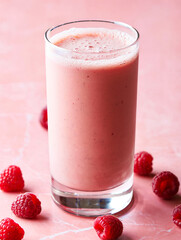 Refreshing raspberry smoothie in a glass on a pink background with scattered fresh raspberries a healthy and vibrant drink