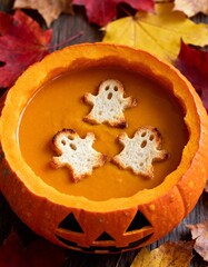 Pumpkin soup in carved mini jack o lantern bowl with ghost bread croutons and autumn leaf background