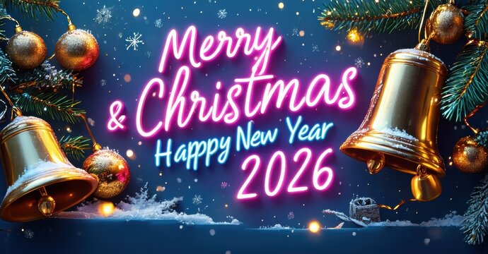 Festive image displays bright neon text wishing merry Christmas, happy new year 2026. Golden bells, ornaments decorate winter scene.
