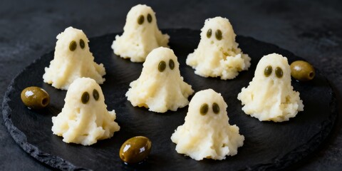 Ghost shaped mashed potato scoops with olive eyes served on black slate plate spooky food