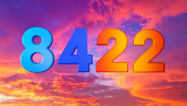 Digitally rendered numbers in contrasting colors float against a vibrant sunset sky, creating a dynamic composition