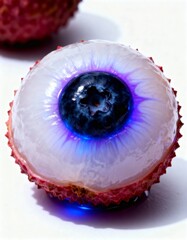 Spooky eyeball dessert made from lychee and blueberry with eerie glow on clean white background