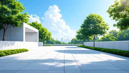 Tiled plaza with foliage and a distant cityscape against a blue, cloudy sky