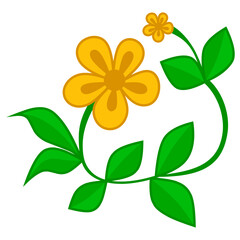 Graphic vector illustration of yellow flower element with green leaves isolated on white background.
