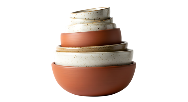 Stacked Ceramic and Terracotta Bowls on Black Background
