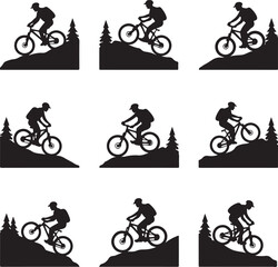 Obraz premium Black silhouette of mountain biker on hilly terrain with trees