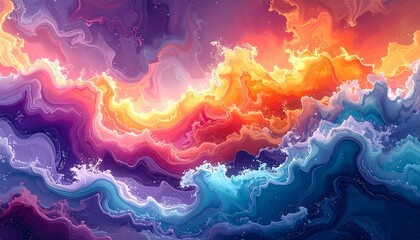 Abstract swirling cloudscape; vibrant hues of purple, orange, and blue blend in dynamic waves