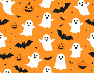 Naklejka premium Seamless Halloween Pattern of Bats, Ghosts, and Pumpkins on Orange Background