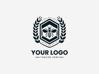 Naklejka premium Elegant wheat stalks and honey bee inside hexagon vector logo for organic farm branding