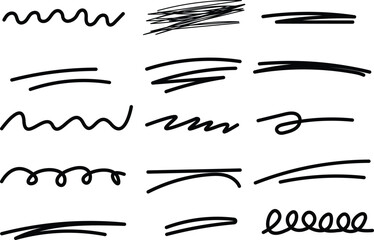 Hand drawn underline set marker brush strokes collection scribble doodle lines for text highlight black ink sketch dividers abstract graphic design elements.