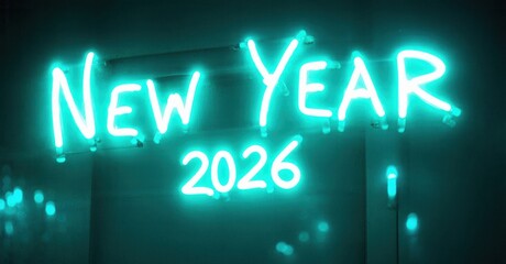 Obraz premium Bright neon sign displays New Year 2026. Turquoise glow dominates dark background. Festive, modern illumination. Simple, direct message.