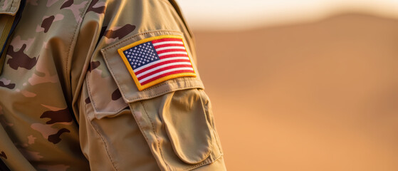 Military uniform with American flag patch, showcasing camouflage design in desert setting, symbolizing patriotism and service