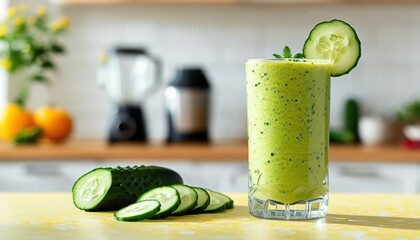 Refreshing cucumber smoothie in a tall glass with fresh ingredients in a modern kitchen with copy space