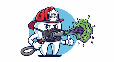 Bad breath firefighter cartoon character shooting green gas, concept bad breath. Illustration features tooth character wearing helmet and mask spraying gas from water hose.