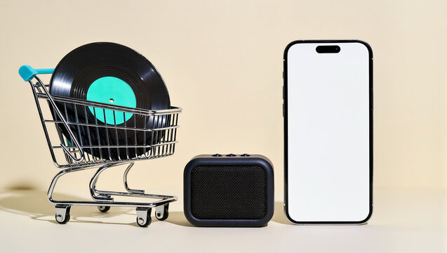 Shopping cart holding black vinyl record beside portable speaker and smartphone with blank white screen on beige background; music retail and digital promotion concept