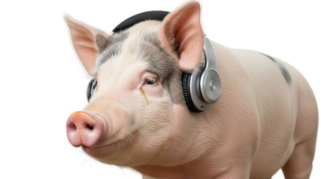pig wearing headphones, listening to music, on a solid white background