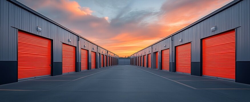 Generative AI, Mini colorful metal self storage facilities rental units, warehouse exterior, industry garage building.