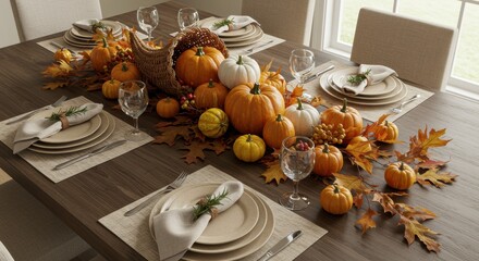 Thanksgiving dinner preparation home dining room food display autumn tabletop view family gathering concept