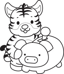 Coloring book of cute tiger character vector clip art for children.  
