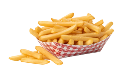 Delicious crispy french fries in a red and white checkered container isolated on black background image transparent background