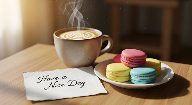 Morning coffee with macarons and a positive message for a delightful day ahead perfect for - Powered by Adobe