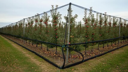 Medium shot of flexible netting deer barrier stretched across orchard perimeter emphasizing lightweight materials and ease of installation for wildlife control.