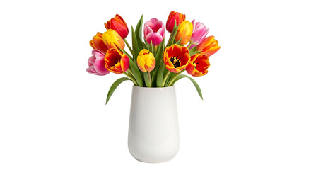 Vibrant bouquet of tulips in a white vase on a black background