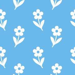 Vector illustration of a seamless floral pattern featuring white daisy flowers on a blue background. Perfect for textiles, wallpapers, and digital designs, offering a fresh and minimalist look.	

