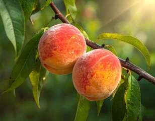 Peaches on a branch in sunlight