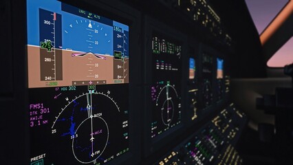 Modern aircraft cockpit control panel with navigation system displaying flight route
