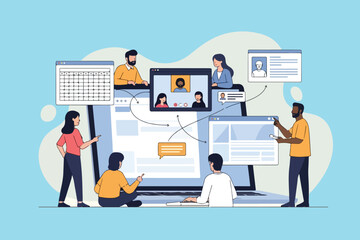 Illustration depicting a diverse group of people engaged in a virtual meeting, collaborating on a project.