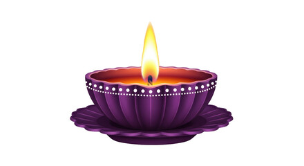 Isolated bright purple diya with a burning flame for Indian Hindu religious holidays
