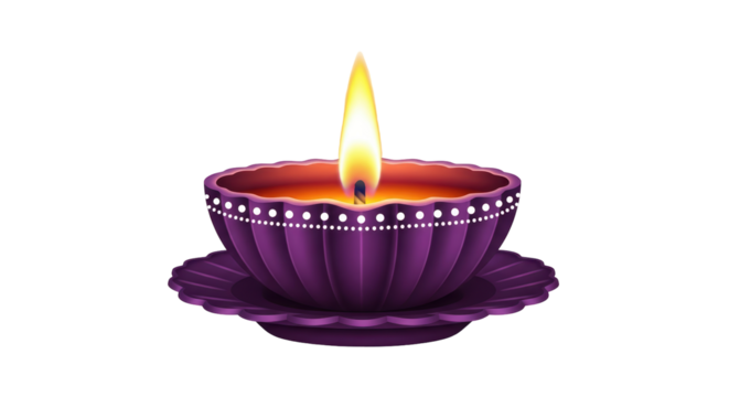 Isolated bright purple diya with a burning flame for Indian Hindu religious holidays