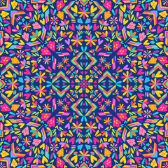 Colorful Mexican Otomi. Seamless floral folk art Vibrant neon pattern. Geometric kaleidoscope motifs with rainbow colors. Bright bohemian textile, Psychedelic, ornamental, symmetric and fabric design.